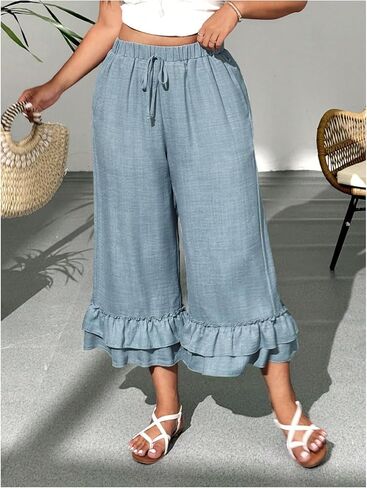 بنطال كابري نسائي من Verdusa مقاس كبير مكشكش وواسع الساق كاجوال بطبقات كابري مع جيوب in Kuwait