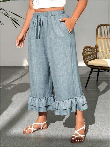 بنطال كابري نسائي من Verdusa مقاس كبير مكشكش وواسع الساق كاجوال بطبقات كابري مع جيوب in Kuwait