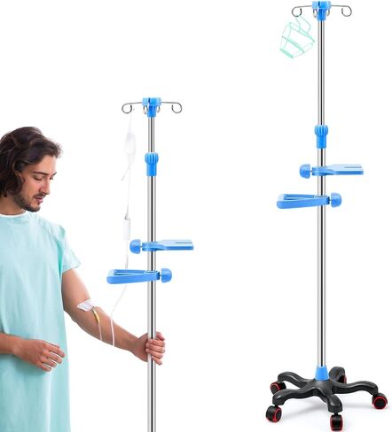 Thyle IV Pole المحمولة IV أقطاب مع عجلات 4 خطافات 5 عجلات IV حقيبة السوائل حامل الفولاذ المقاوم للصدأ قابل للتعديل 43 "إلى 79" ارتفاع القطب مع شبكة معلقة للمستشفى المنزلي ممارسة IV الأساسية in Saudi Arabia