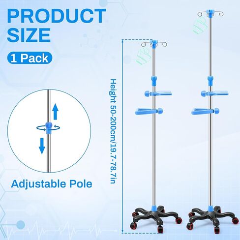 Thyle IV Pole المحمولة IV أقطاب مع عجلات 4 خطافات 5 عجلات IV حقيبة السوائل حامل الفولاذ المقاوم للصدأ قابل للتعديل 43 "إلى 79" ارتفاع القطب مع شبكة معلقة للمستشفى المنزلي ممارسة IV الأساسية in Saudi Arabia
