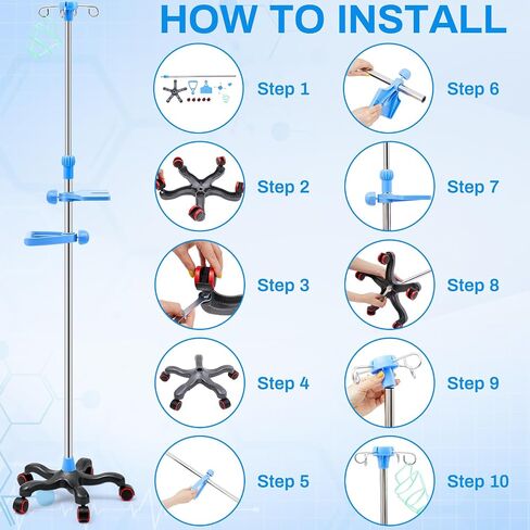 Thyle IV Pole المحمولة IV أقطاب مع عجلات 4 خطافات 5 عجلات IV حقيبة السوائل حامل الفولاذ المقاوم للصدأ قابل للتعديل 43 "إلى 79" ارتفاع القطب مع شبكة معلقة للمستشفى المنزلي ممارسة IV الأساسية in Saudi Arabia