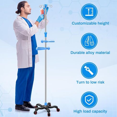 Thyle IV Pole المحمولة IV أقطاب مع عجلات 4 خطافات 5 عجلات IV حقيبة السوائل حامل الفولاذ المقاوم للصدأ قابل للتعديل 43 "إلى 79" ارتفاع القطب مع شبكة معلقة للمستشفى المنزلي ممارسة IV الأساسية in Saudi Arabia