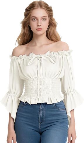 Women's Renaissance Shirt Off Shoulder Peasant Blouse Medieval Pirate Top in Saudi Arabia