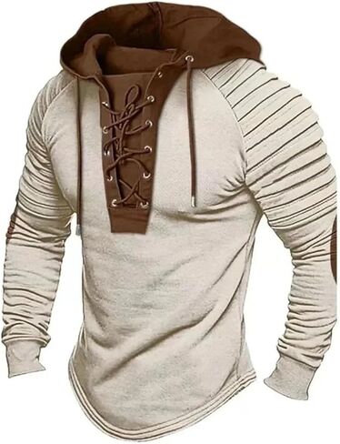 Men's Solid Color Casual T-Shirt Top Long Sleeved Slim Fit Pleated Hood Street Sweatshirt in Saudi Arabia