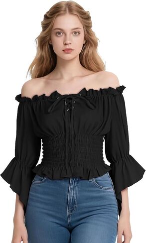 Women's Renaissance Shirt Off Shoulder Peasant Blouse Medieval Pirate Top in Saudi Arabia