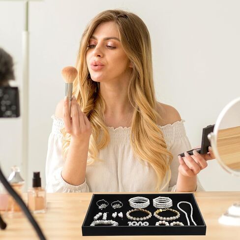 4 قطع صينية مجوهرات قابلة للتكديس، عرض أسود، علبة تنظيم المجوهرات، صينية سوار، حلقة، حلق، منظم، لوحة فارغة للأدراج كونترتوب in Kuwait