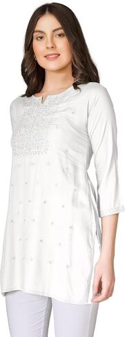 ليدي لاين رايون تشيكانكاري تونيك علوي لكنوي كورتي قصير مطرز للنساء in Kuwait