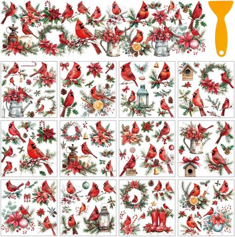 AHANDMAKER 12 Sheets Cardinal Christmas Rub on Transfer Stickers Pine Cone Cardinal Stickers Red Bird Furniture Decal for Home School Office Decoration DIY Crafts Supplies, 5.5x5.5 in Saudi Arabia
