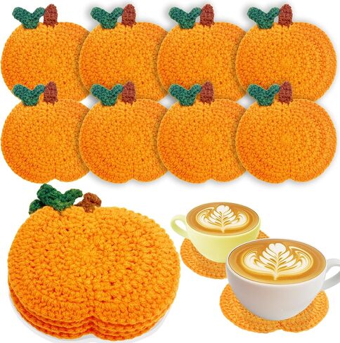 Fall Pumpkin Crochet Coaster 4 Pack, Fall Pumpkin Decor Handmade Knitted Drink Coaster Set, Autumn Decoration Drink Cup Pad Mats for Table Protection, Thanksgiving Home Kitchen Party Table Decor in Saudi Arabia