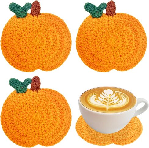 Fall Pumpkin Crochet Coaster 4 Pack, Fall Pumpkin Decor Handmade Knitted Drink Coaster Set, Autumn Decoration Drink Cup Pad Mats for Table Protection, Thanksgiving Home Kitchen Party Table Decor in Saudi Arabia