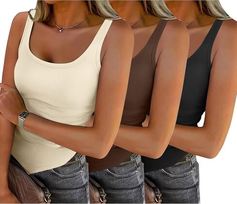 Zeagoo Ribbed Tank Tops for Women 3 Pack Sleeveless Scoop Neck Ruched Cute Summer Shirts in Saudi Arabia