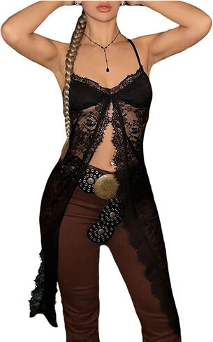 SHENHE Women's Y2k Lace Split Front Long Tank Camisole Sheer Sexy Country Concert Rave Shirt in Saudi Arabia