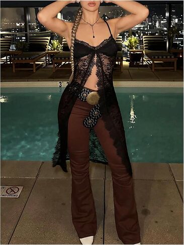 SHENHE Women's Y2k Lace Split Front Long Tank Camisole Sheer Sexy Country Concert Rave Shirt in Saudi Arabia