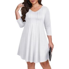 LARACE Womens Plus Size Dresses V Neck 3/4 Sleeve Pleated Midi Dress Casual A-Line Swing Dress in Kuwait
