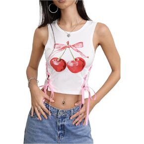 SHENHE Women's Letter Print Lace Up Round Neck Slim Fit Crop Going Out Tank Tops in Kuwait