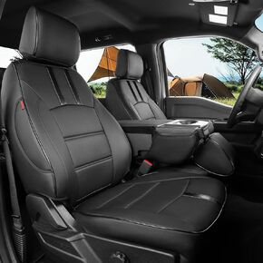أغطية مقاعد F150 الأمامية لـ 2021-2025 Ford F150 SuperCrew XL، XLT، STX & Lightning Flash، XLT(2022-2024)، لـ 2023-2026 F250 F350 CrewCab XL، XLT، واقي مقعد جلدي للشاحنة مغطى بالكامل (عبوتان، أسود) in Kuwait