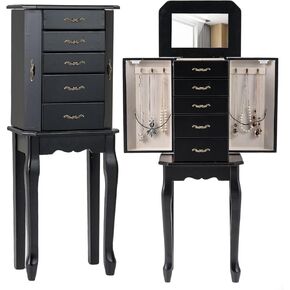 CHARMAID Standing Jewelry Armoire with Flip Top Mirror, Top Storage Tray, 4 Drawers, 2 Side Doors with Necklace Hooks, Vintage Jewelry Organizer Cabinet Chest for Rings, Earrings, Bracelets (Black) in Kuwait