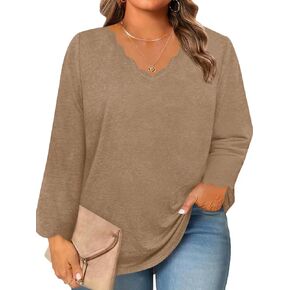 Beautife Womens Plus Size Long Sleeve T-Shirts Trendy Casual Scallop Trim V Neck Tunic Tops Curvy Loose Fit Fall Blouse Tees in Kuwait