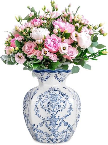 مزهرية Chinoiserie، مزهرية زرقاء وبيضاء مقاس 6 بوصات، مزهريات سيراميك عتيقة، مزهرية زهرة للقطعة المركزية، مزهريات صينية لطيفة لغرفة المعيشة والمكتب وديكور المنزل (أزرق أبيض، صغير) in Saudi Arabia