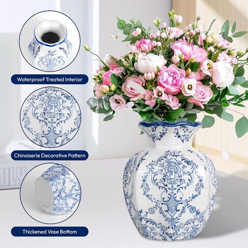 مزهرية Chinoiserie، مزهرية زرقاء وبيضاء مقاس 6 بوصات، مزهريات سيراميك عتيقة، مزهرية زهرة للقطعة المركزية، مزهريات صينية لطيفة لغرفة المعيشة والمكتب وديكور المنزل (أزرق أبيض، صغير) in Saudi Arabia