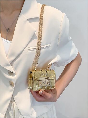 GORGLITTER Women's Mini Purse Crocodile Embossed Metallic Flap Clutch Square Handbags Mini Chain Bags in Saudi Arabia