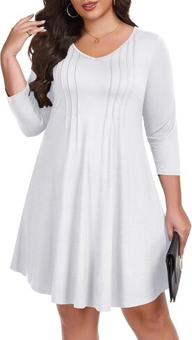 LARACE Womens Plus Size Dresses V Neck 3/4 Sleeve Pleated Midi Dress Casual A-Line Swing Dress in Kuwait