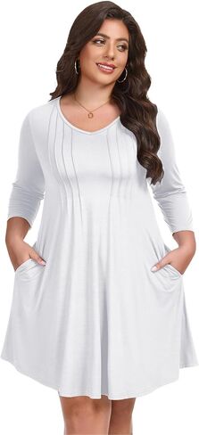 LARACE Womens Plus Size Dresses V Neck 3/4 Sleeve Pleated Midi Dress Casual A-Line Swing Dress in Kuwait
