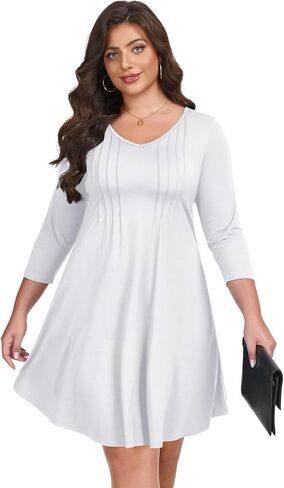 LARACE Womens Plus Size Dresses V Neck 3/4 Sleeve Pleated Midi Dress Casual A-Line Swing Dress in Kuwait