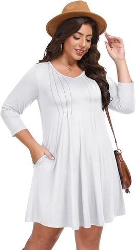 LARACE Womens Plus Size Dresses V Neck 3/4 Sleeve Pleated Midi Dress Casual A-Line Swing Dress in Kuwait