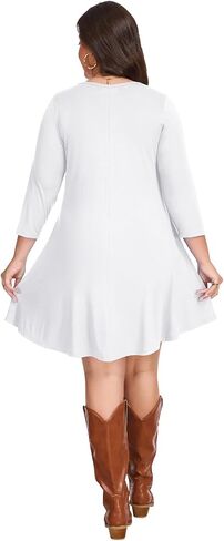 LARACE Womens Plus Size Dresses V Neck 3/4 Sleeve Pleated Midi Dress Casual A-Line Swing Dress in Kuwait