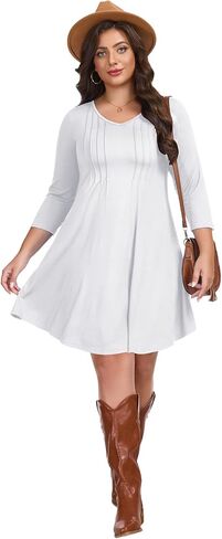 LARACE Womens Plus Size Dresses V Neck 3/4 Sleeve Pleated Midi Dress Casual A-Line Swing Dress in Kuwait