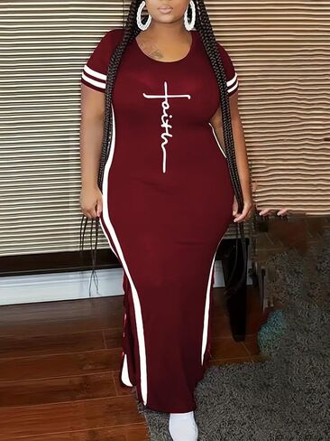 PINSV Women's Plus Size Maxi Dress Summer Casual Short Sleeve Split Long Dresses in Saudi Arabia