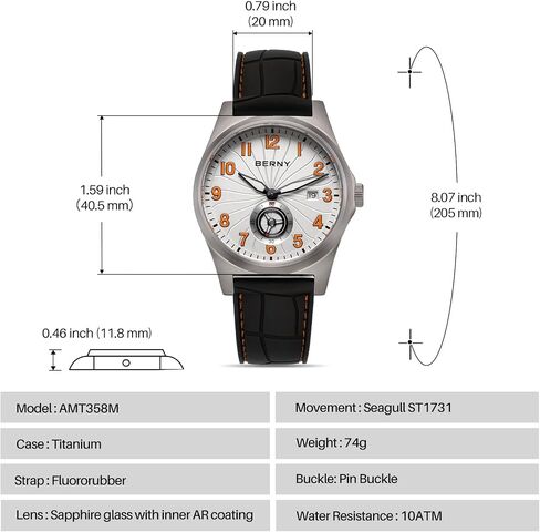 BERNY Automatic Titanium Watch for Men 100M Waterproof Fashion Men's Watch Super Luminous Male Analog Mechanical Wrist Watch, AR Sapphire Glass Small Seconds Sub-dial Date Calender Birthday Present in Saudi Arabia