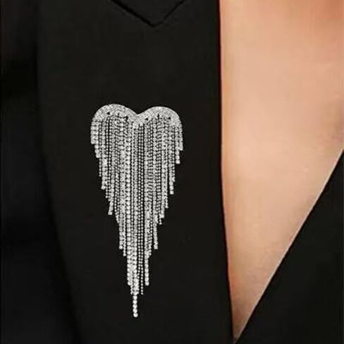 Silver Rhinestone Heart Brooch Pin for Women Sparkly Crystal Tassel Brooches Love Shaped Large Statement Lapel Pins Shiny Gold Graduation Jewelry in Saudi Arabia