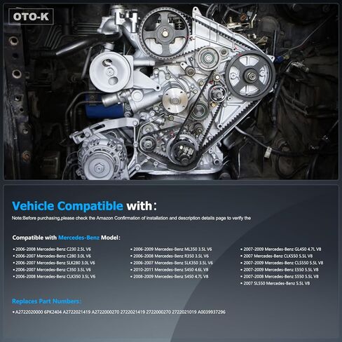 طقم حزام التوقيت OTO-K مع شداد متوافق مع مرسيدس بنز C230 C280 C350 S450 GL450 GL550 GLK550 E550 G550 GL550 ML550 S550 Audi A4 A5 Q5، يستبدل # 6PK2404 2722021419 2722000270 2722021019 in Kuwait