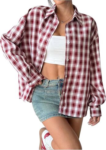 Milumia Women's Plaid Button Down Shirt Y2k Long Sleeve Collared Tops Streetwear in Saudi Arabia