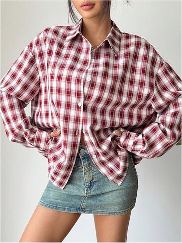 Milumia Women's Plaid Button Down Shirt Y2k Long Sleeve Collared Tops Streetwear in Saudi Arabia