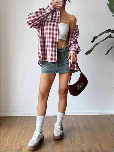 Milumia Women's Plaid Button Down Shirt Y2k Long Sleeve Collared Tops Streetwear in Saudi Arabia