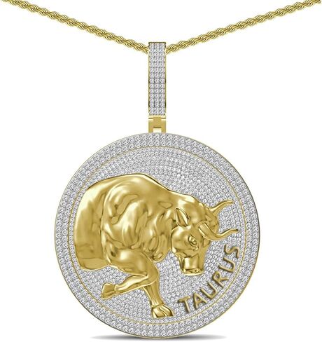 55 Grams Heavy Big 2.80 Inch 3.55 Ctw. VVS/D Simulated Diamond Real Genuine Sterling Silver 14K Yellow Gold Finish Astrological Zodiac Lucky Birth Symbol Horoscope Sign Charm Pendant Medallion Free Rope Chain Neckless in Kuwait