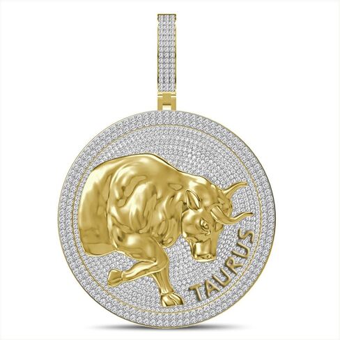 55 Grams Heavy Big 2.80 Inch 3.55 Ctw. VVS/D Simulated Diamond Real Genuine Sterling Silver 14K Yellow Gold Finish Astrological Zodiac Lucky Birth Symbol Horoscope Sign Charm Pendant Medallion Free Rope Chain Neckless in Kuwait