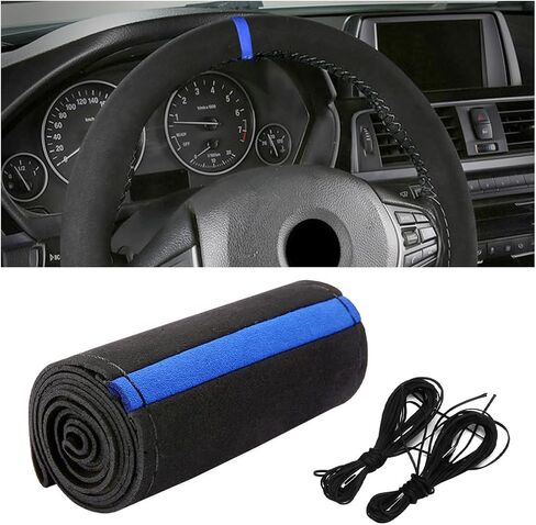 Car Steering Wheel Cover, Stitch On Full Surround Soft Suede Steering Wheel Wrap Guard with Needle & Thread, Comfortable Grip Auto Interior Accessories, Universal for Vehicle (Black/Blue) in Saudi Arabia