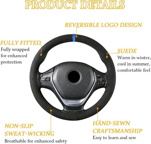 Car Steering Wheel Cover, Stitch On Full Surround Soft Suede Steering Wheel Wrap Guard with Needle & Thread, Comfortable Grip Auto Interior Accessories, Universal for Vehicle (Black/Blue) in Saudi Arabia