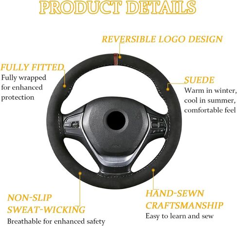 Car Steering Wheel Cover, Stitch On Full Surround Soft Suede Steering Wheel Wrap Guard with Needle & Thread, Comfortable Grip Auto Interior Accessories, Universal for Vehicle (Black/Blue) in Saudi Arabia