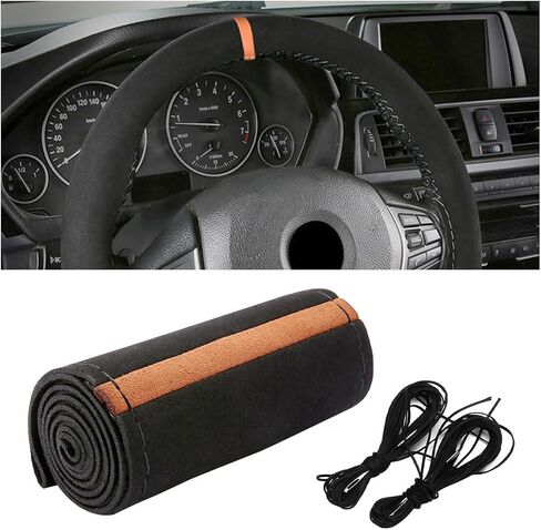 Car Steering Wheel Cover, Stitch On Full Surround Soft Suede Steering Wheel Wrap Guard with Needle & Thread, Comfortable Grip Auto Interior Accessories, Universal for Vehicle (Black/Blue) in Saudi Arabia