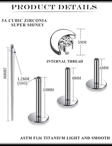 16G G23 Titanium Tragus Conch Helix Piercing Jewelry Internally Threaded Flat Back Cartilage Earrings Forward Helix Earrings Medusa Labret Piercing Jewelry for Women Men Silver 6MM 8MM 10MM in Saudi Arabia