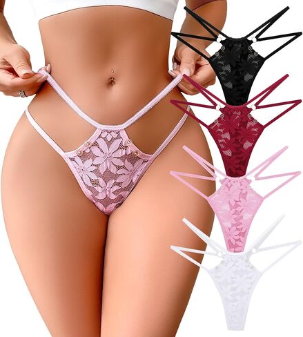 G-String Thongs for Women Sexy Lace Floral Hollow Out Cheeky Underwear Breathable No Show Invisible Panties 4 Pack in Kuwait