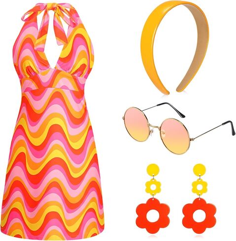 SATINIOR 4 Pcs 60s 70s Women's Hippie Costume Retro Disco Outfit Groovy Earring Headband Dress Sunglasses for Halloween Party in Saudi Arabia
