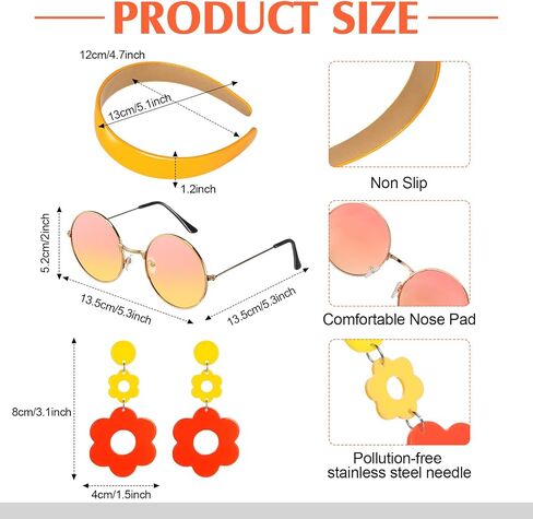 SATINIOR 4 Pcs 60s 70s Women's Hippie Costume Retro Disco Outfit Groovy Earring Headband Dress Sunglasses for Halloween Party in Saudi Arabia