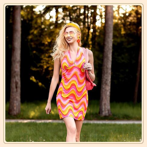 SATINIOR 4 Pcs 60s 70s Women's Hippie Costume Retro Disco Outfit Groovy Earring Headband Dress Sunglasses for Halloween Party in Saudi Arabia