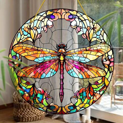 Colorful Acrylic Suncatcher, Dragonfly 7-inch Hanging Window Decor with Printed Stained Glass Style Design Sun Catcher, Gift Idea & Garden Ornament Indoor Outdoor Use in Saudi Arabia